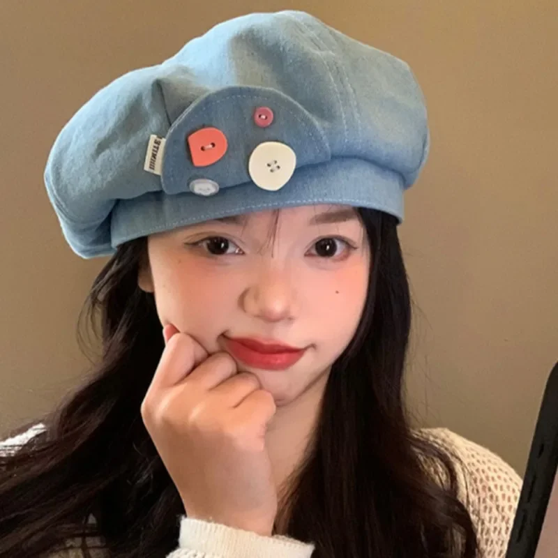 Personalized Felt Button Design Oversized Denim Berets for Women Summer Ins Korean Versatile Show Face Small Cloud Painter Hats