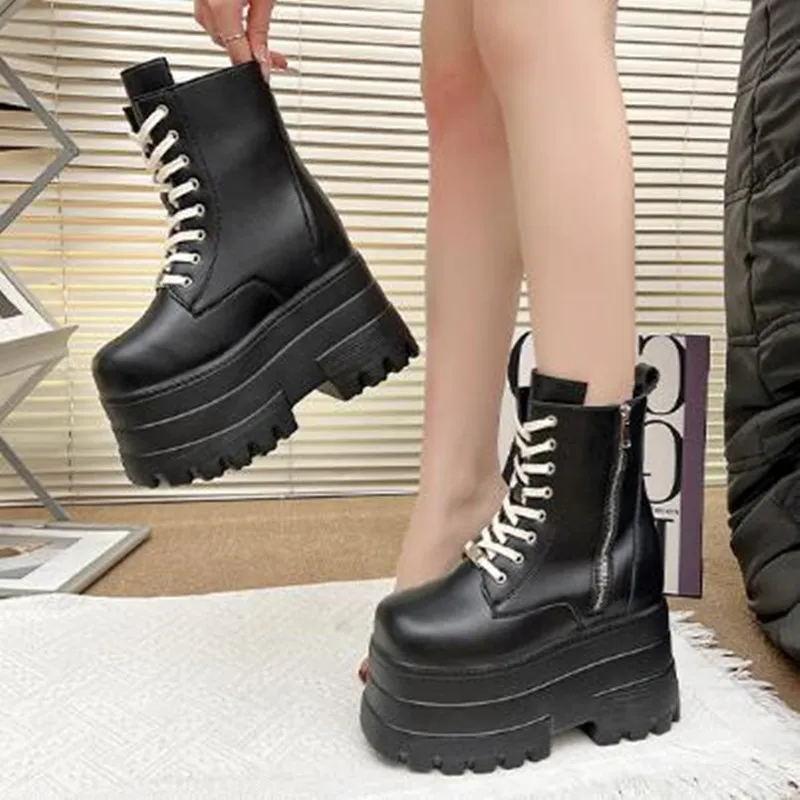 13CM Ankle Booties Shoes New Punk Natural Boots Women Motorcycle Boots Platform Ladies Fashion Botas Winter Autumn Plus Size 44