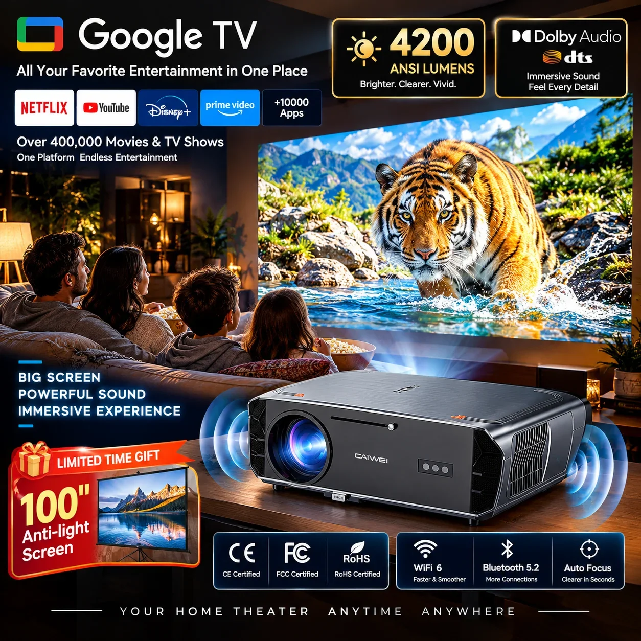 4200 ANSI 4K  HDR UHD Video Projector Android 14 Google TV Daytime Movie Beamer WiFi6 TOF Auto Focus Dual Speaker Home Theater