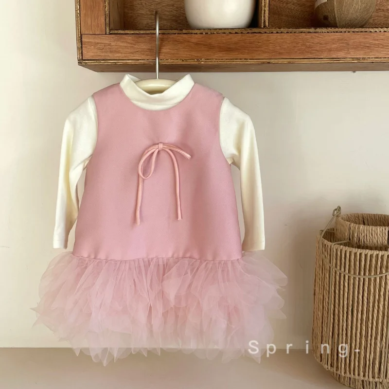 

26Spring new pink tulle dress with cute bow two-piece set for girls, princess dress