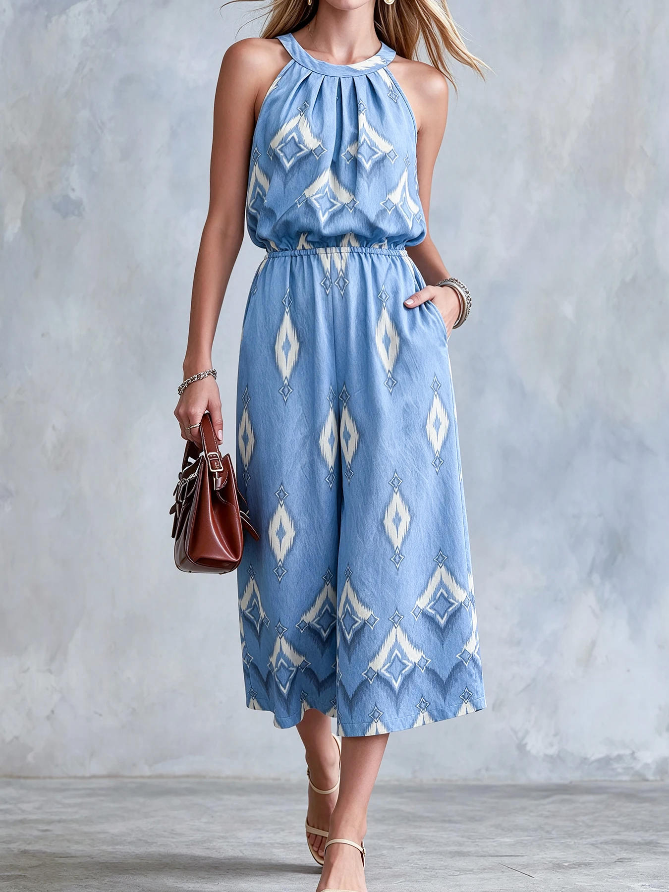 

Boho Aztec Ikat Print Halter Neck Pleated Sleeveless Elastic Waist Cropped Jumpsuit For Women