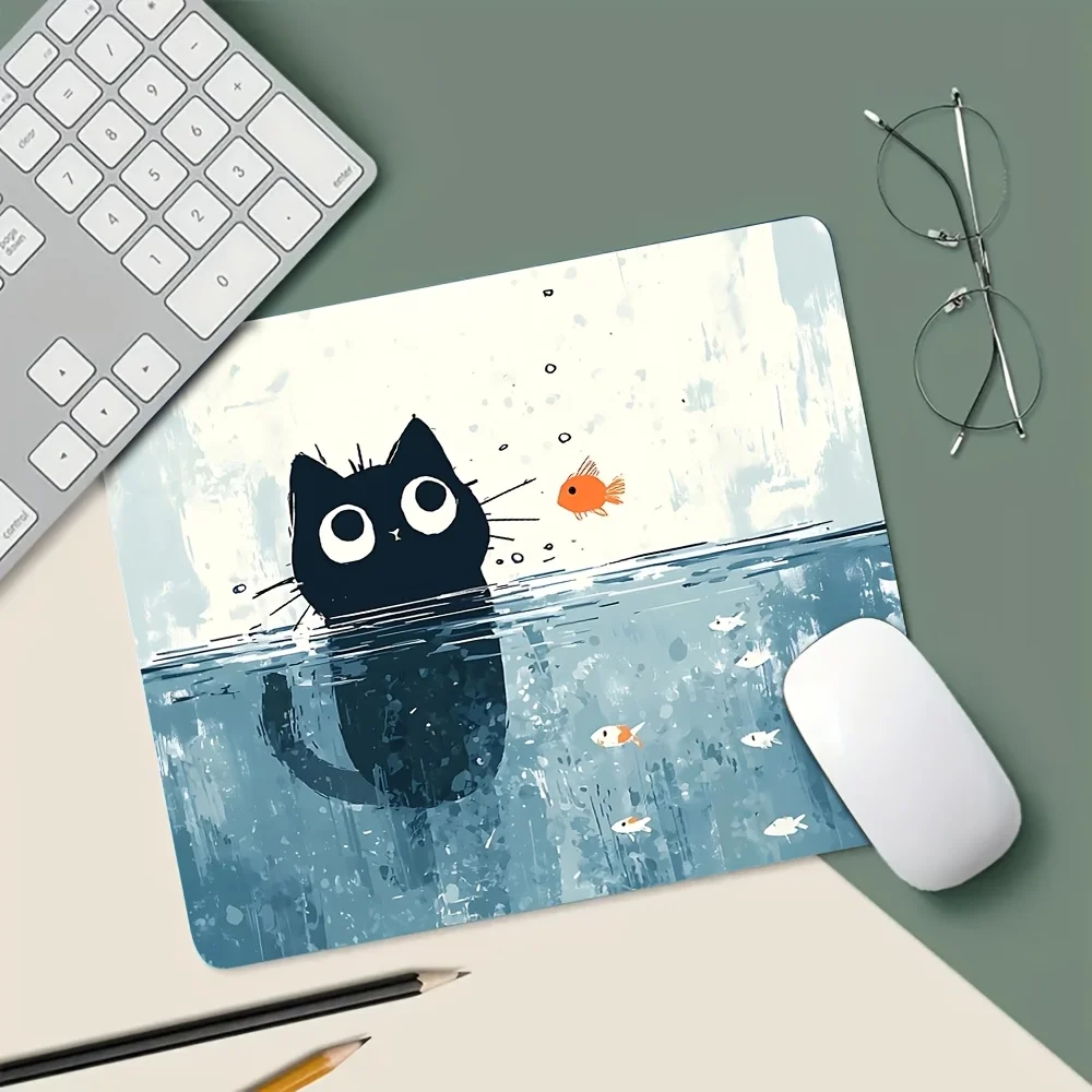 Cat Fish Mouse Pad, Cute Black Cat Non-Slip Desk Mat for Laptop Office Gaming