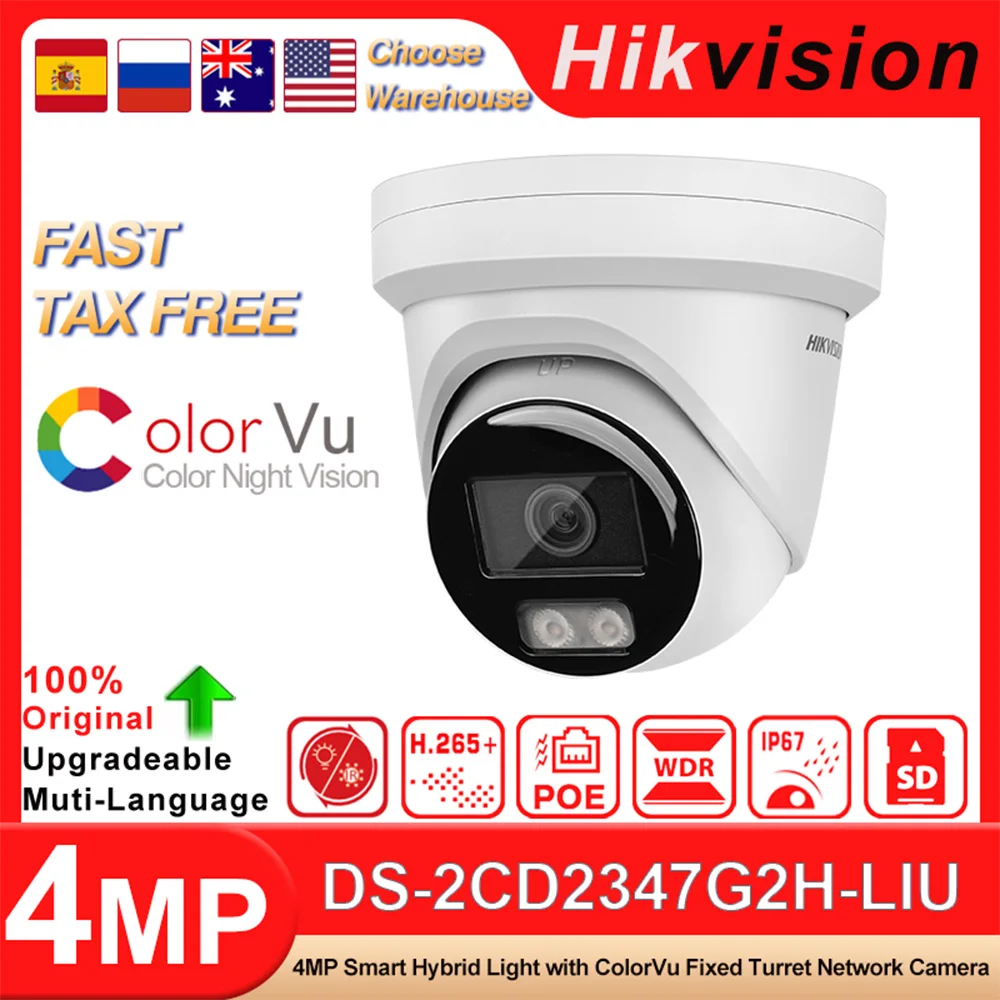 Hikvision Original DS-2CD2347G2H-LIU 4 MP Muti-Language Smart Hybrid Light with ColorVu Fixed Turret Network Camera Built in MIC