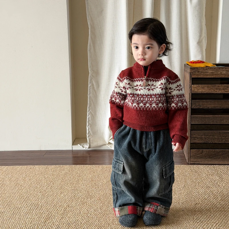 2025 New Winter Fashionable Fel Island Half Zipper Sweater and Checkered Leg Jeans for Children Two Piece Set