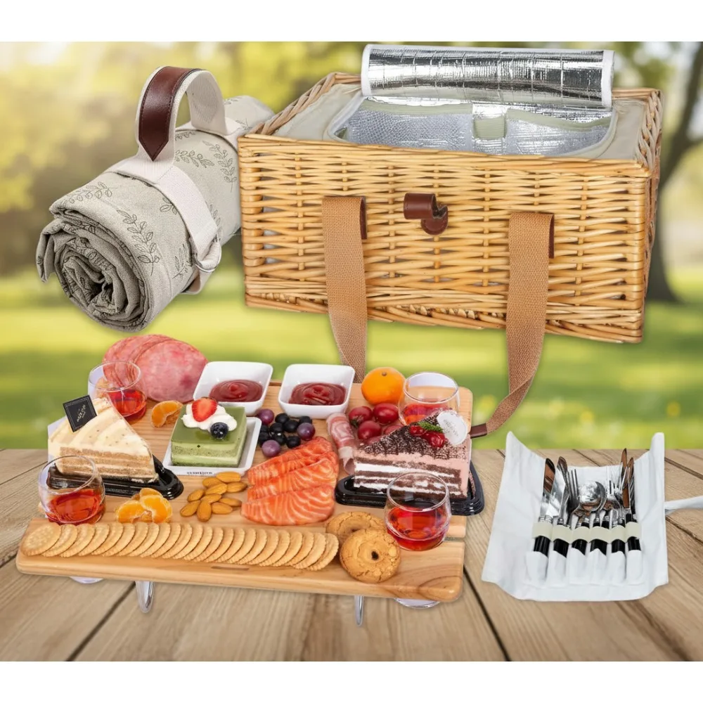 

4-Person Picnic Basket Set with Foldable Wine Table, Insulated Cooler Bag & Cutlery - Perfect Couples Wedding Gifts