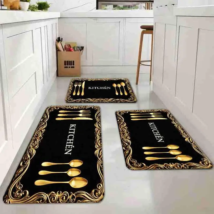 

1pc flannel floor matLuxury Gold Cutlery Print Non-Slip Kitchen Floor Mat Modern Home Decor RugNon-slip, machine washable, soft area rug for home living room bedroom kitchen decor
