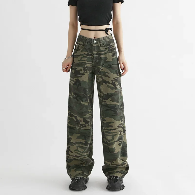 Camouflage Loose-Fit Straight-Leg Jeans Women's High-Waisted Design Sensibility Wide-Leg Trousers New Spring 2023 Student Style