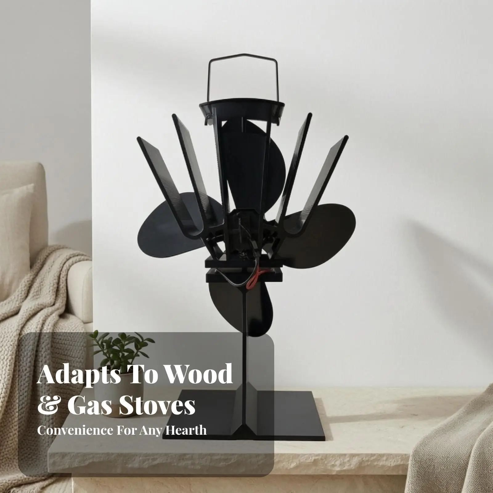 Black Aluminum Fireplace Fan Heat Powered No Electricity Needed for Small Room Heating