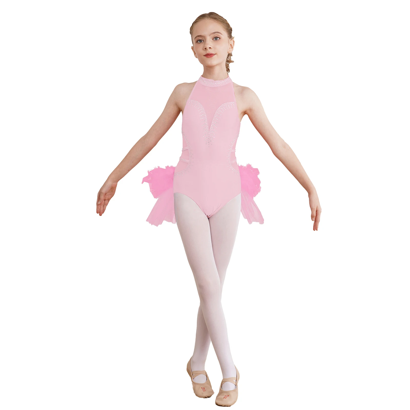 Kids Girls Rhythmic Gymnastics Leotard Ballet Tutu Dance Jumpsuit Sleeveless Tulle Skirted Skating Bodysuit Performance Costume