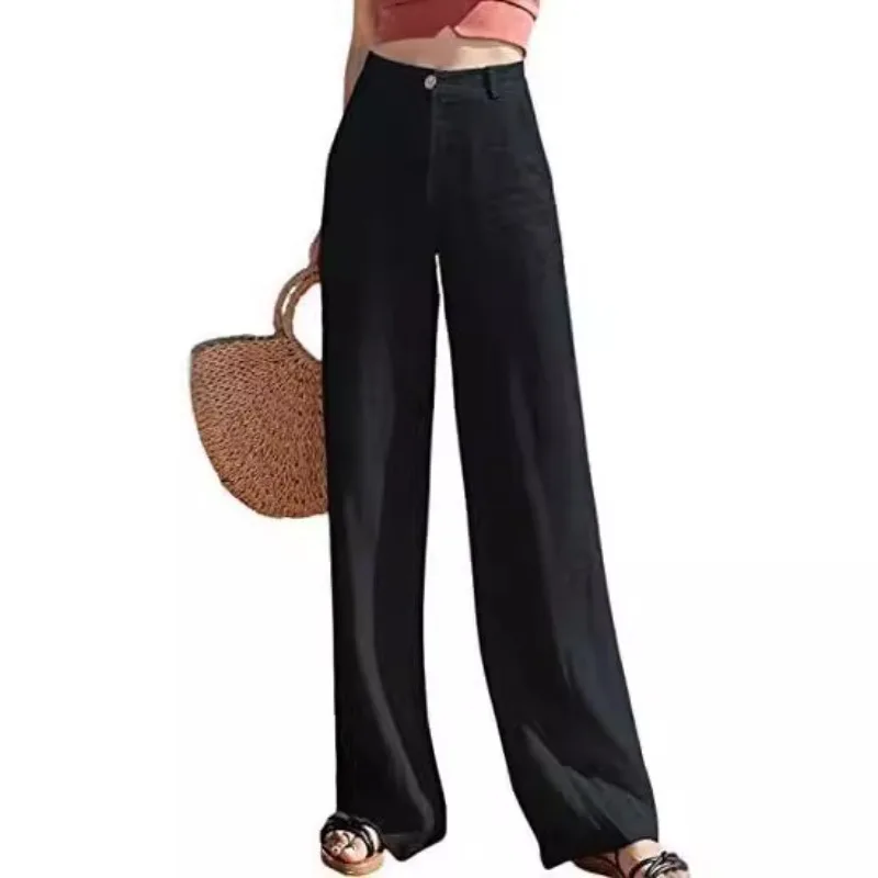 Linen High Waist Straight Wide Leg Pants Women's Loose Casual Trousers