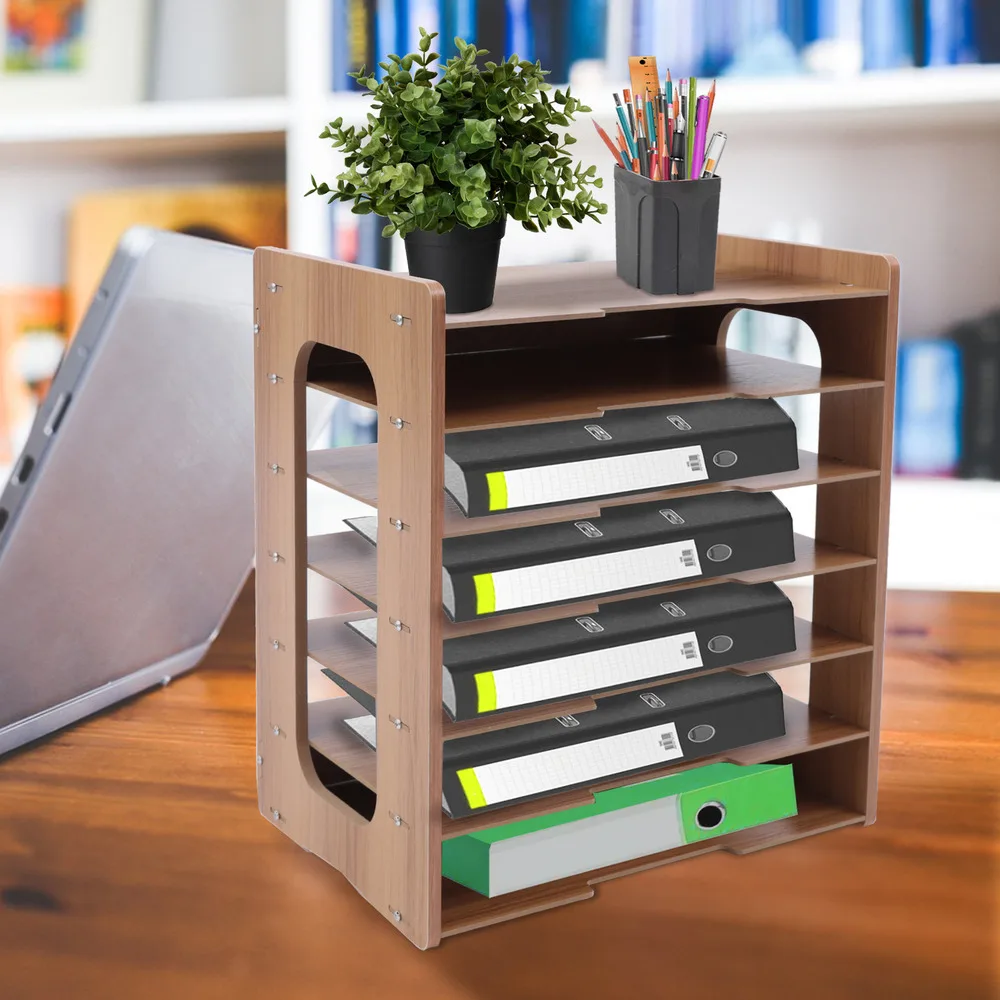 Bymaocar 7 Tiers Wood Desktop Multifunctional Paper Book Organizer File Document Storage Shelf for Home Office 4-5kg Capacity