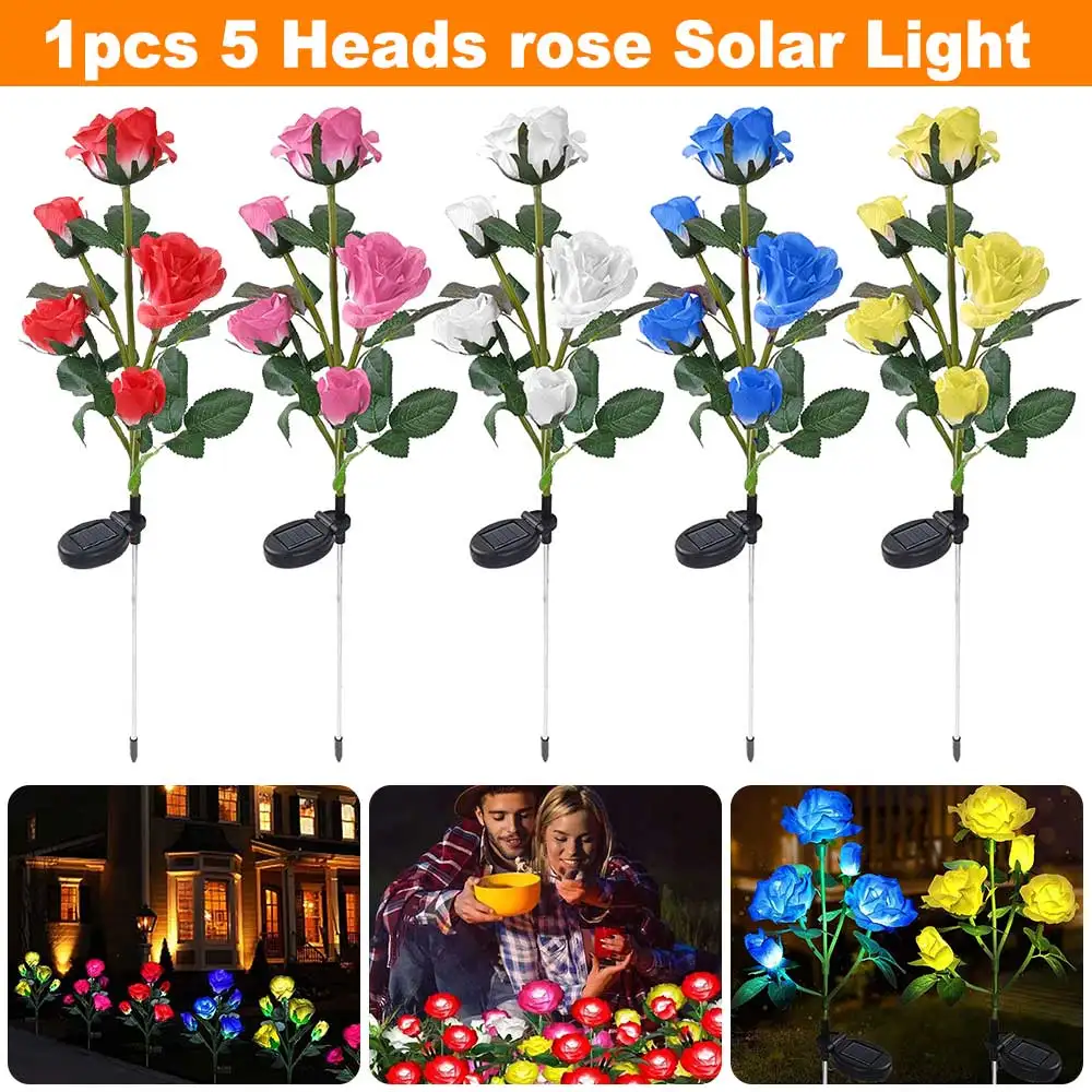 

New Outdoor LED Simulation Flower Light Garden Lawn Light Ground Plug Light 5 Head Solar Rose Flower Lights