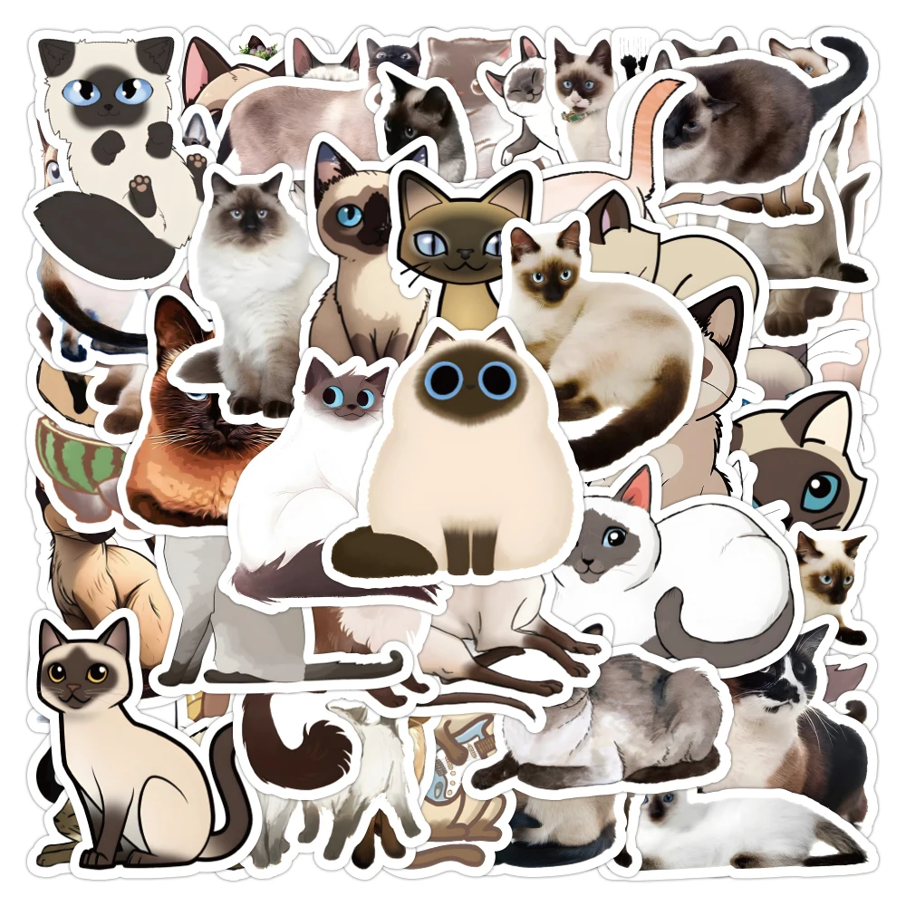 10/30/50PCS Cartoon Animal Siamese Cat Stickers Cute Kitty Decals Decoration Skateboard Guitar Notebook Bike DIY Kid Sticker