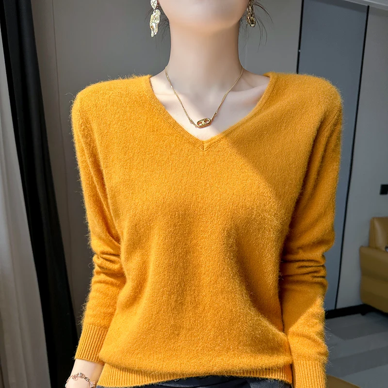 Autumn Winter New 100% Cashmere Sweater Women\'s Clothing V-Neck Knitted Pullover Tops Solid Color Long sleeved Women\'s sweater