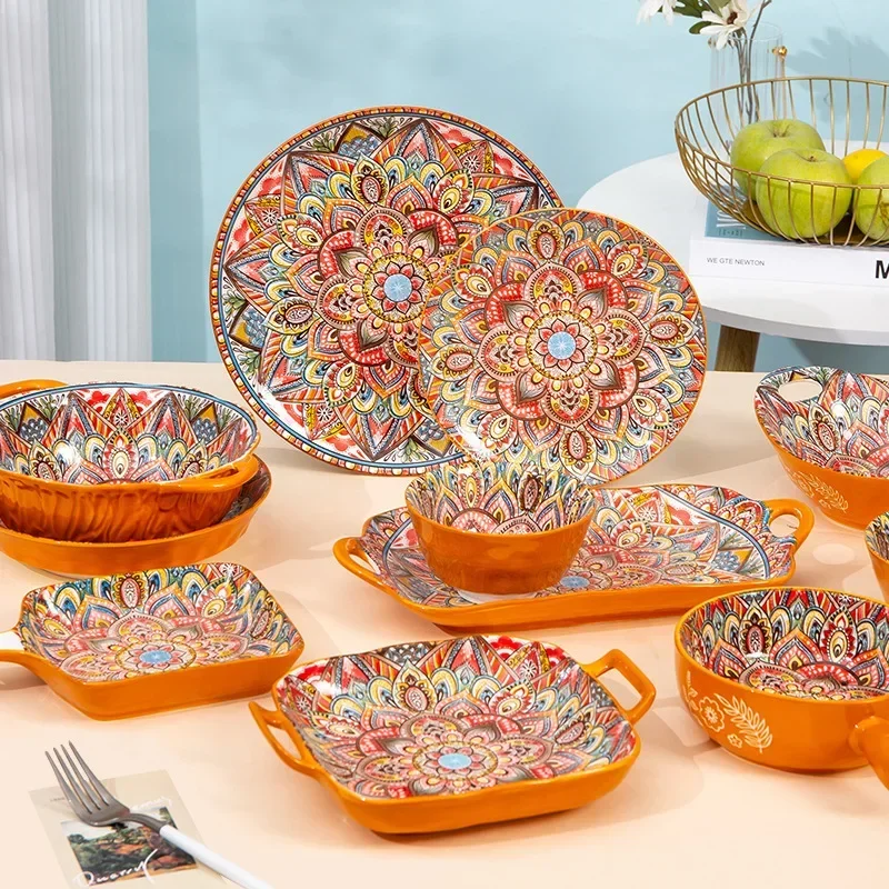 Nordic Retro Pretty Bowl Ceramic Tableware Bowls for Food Dishes Western Food Plate Household Colored Glazed Bowls and Plates