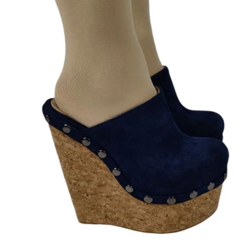 SHOFOO Fashionable women's high-heeled slippers Blue suede slippers About 15cm heel height Closed toe slippers Round toe shoes