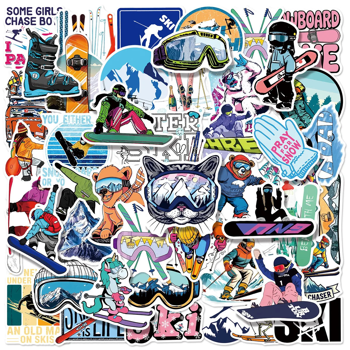 50 Stück Ski-Aufkleber Winter Outdoor-Sport Graffiti Cartoon-Sticker für Snowboard Skateboard Helm Auto Laptop Koffer Geschenke