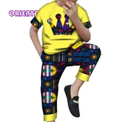 Kids Boys African Clothes African Wax Print Cotton Dashiki Shirt and Pants African Outfits Set Children 2 Pieces Set WYT540