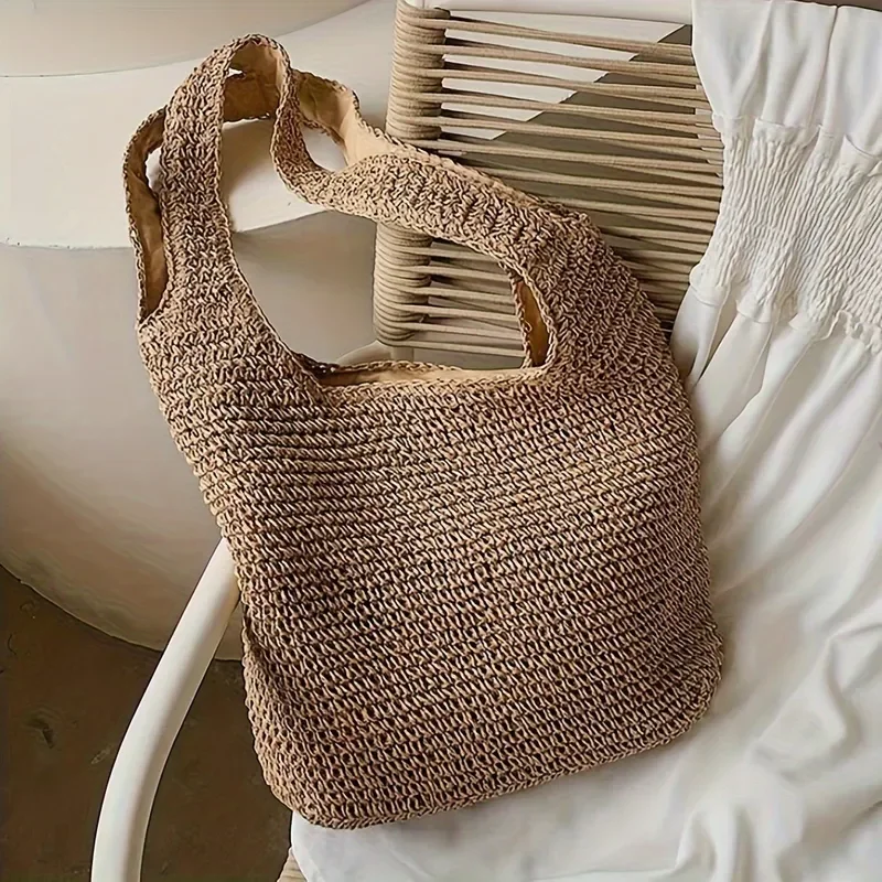 High-end hand-woven straw tote bag for women – large capacity beach vacation bag with versatile seaside style view 4