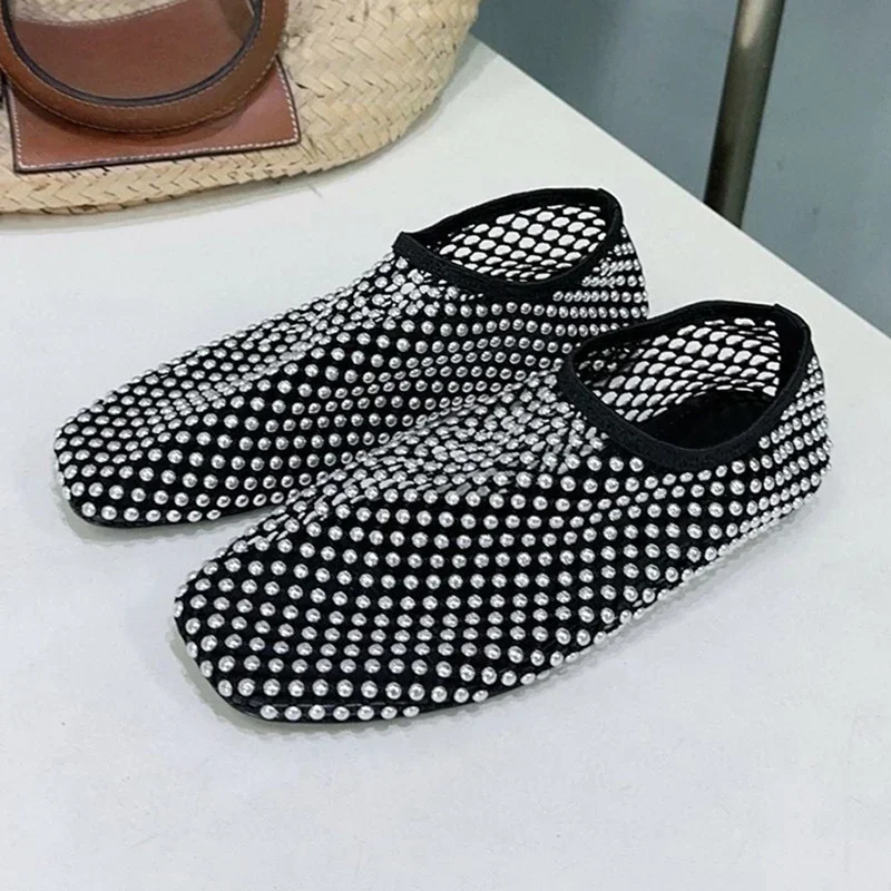 Lazy Loafers Mesh Breathable Bling Crystal Decor Women Summer Round Toe Hallow Outs Flat Shoes Versatile Vacation Walking Shoes