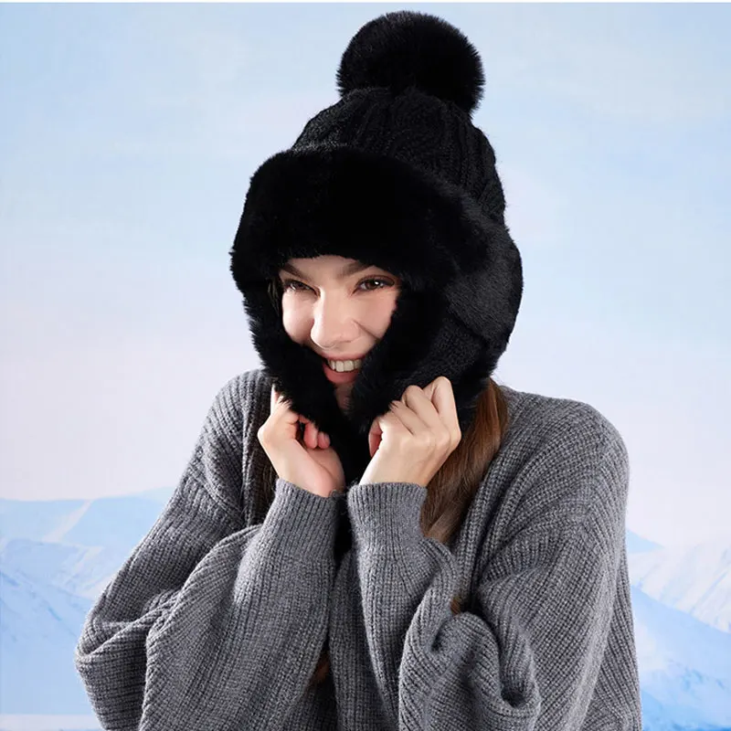 قبعة شتوية دافئة مبطنة بالصوف مع قبعة محبوكة من بوم بوم، محيط رأس كبير، قبعة حماية للأذن مقاومة للبرد