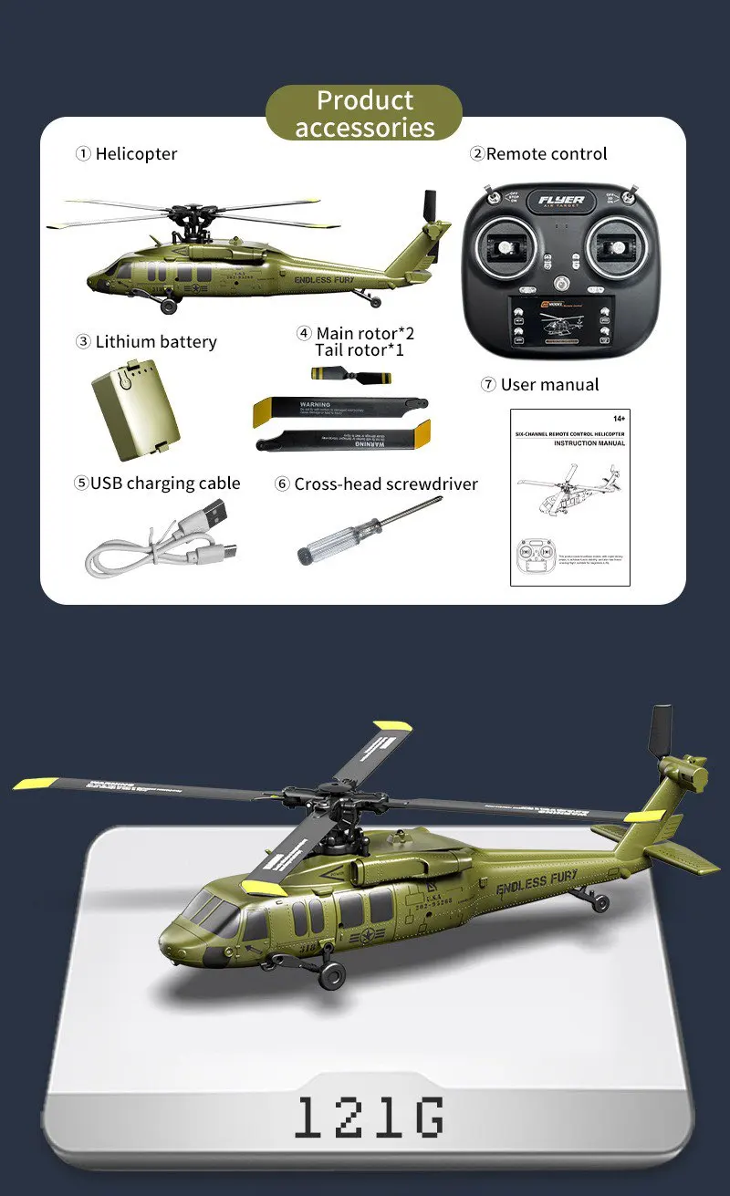 

Remote controlled helicopter with brushless motor, capable of reversing flight, 6-axis gyroscope, altitude hovering, suitable fo