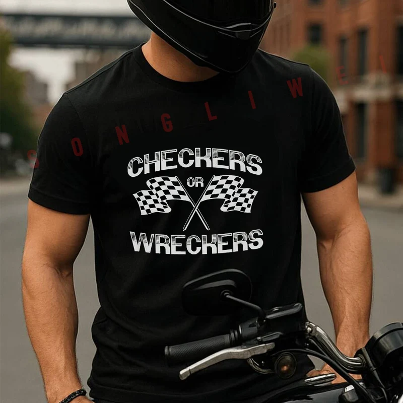 

Checkers Or Wreckers Car Racing Motorcycle Loose Men's Casual Moto T-Shirt Cotton Short Sleeve Shirt Summer Clothing Tops
