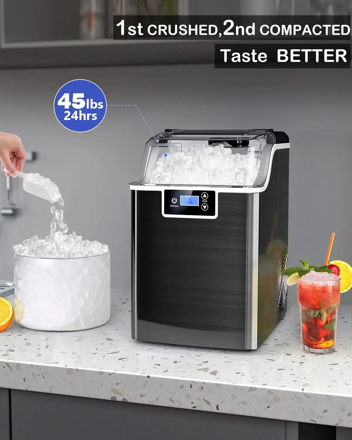 High Capacity Nugget Ice Makers for Countertop Use, Produces 45lbs of Ice per Day, Crushed Ice Maker for Countertops, 24H Timer,