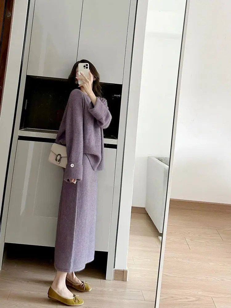 Two Piece Sets Womens Outifits Skirt Sets Lazy Soft Knit Sweater Long Skirts High-end Suits Office Lady Autumn Winter Outerwear