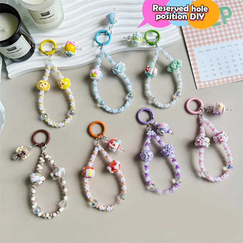 Candy Colors Beads Key Chain Hand Painted Beads Phone Pendant Headphone Case Charm Bag Decor Phone Wrist Strap Anti-Lost Chains