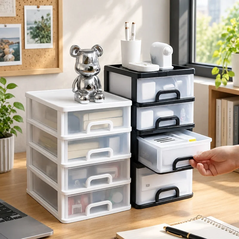 Multi-Compartment Plastic Desk Storage Unit, 2-4 Drawers, Versatile Organizer for Home and Office Essentials