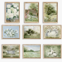 Vintage English Countryside Cottage Field Stone House Animal Goose Duck Poster Canvas Painting Wall Art Pictures Home Decor