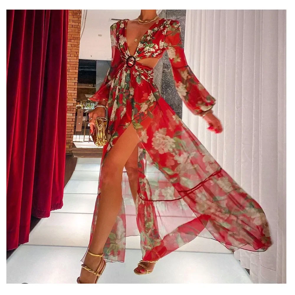 Long Sleeve Beach Dresses Summer 2026 Lantern sleeve Deep V-Neck Swimwear Floral beach cover ups Women Kimono Bathingsuit Boho