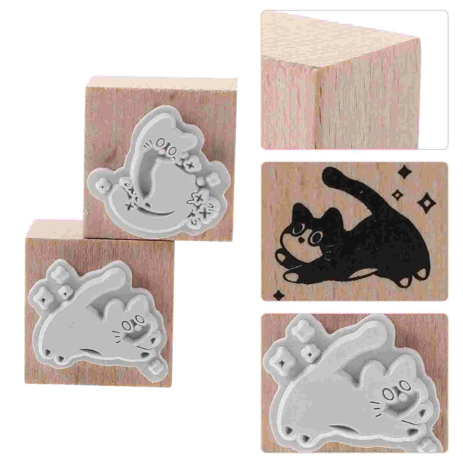 2 uds DIY impresiones sellos de gato artesanía de madera Mini animales Kit de goma para álbum de recortes hecho a mano uso estudiantil
