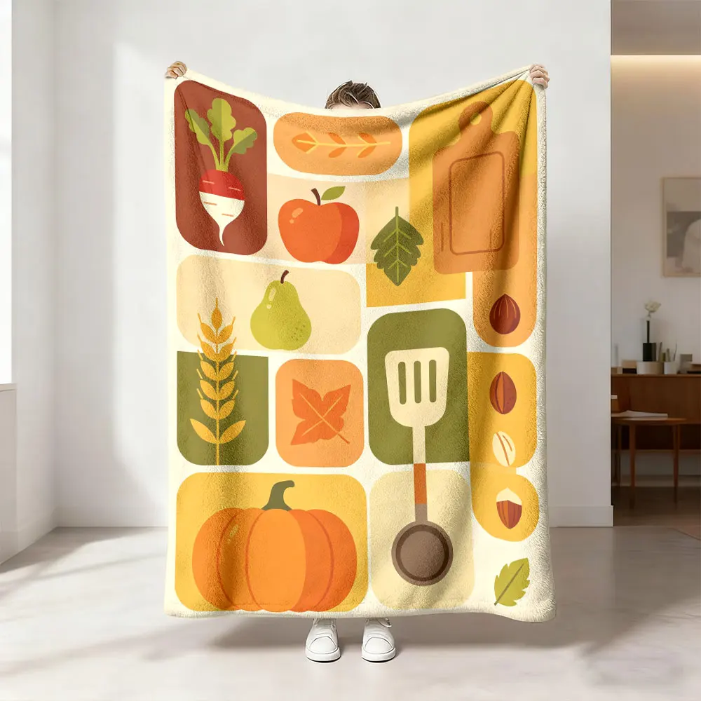 Retro Fruit Vegetable Kitchenware Patchwork Flannel Blanket Multi Size Soft Sofa Cover Lightweight Nap Blanket For Office Res