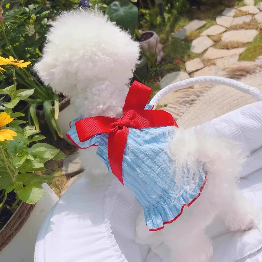 

Summer Cooler Dog Clothes Korean Big Bow Skirt Pet Dress Puppy Teddy Striped Pullover Short Pullover Female Dog Clothes