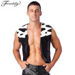 Mens Western Cowboy Vest Cow Print Flannel Metallic Spliced Cardigan Open Front Tassel Outerwear Halloween Party Fancy Dress Up
