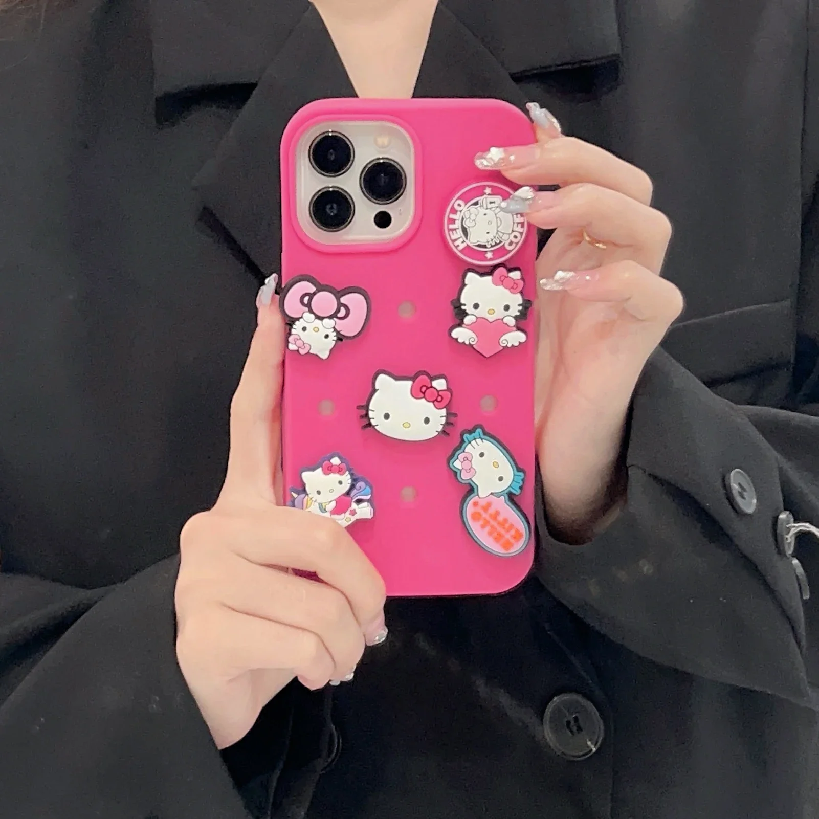 NEW Sanrio Hello Kitty Pink Black Cute DIY 3D Stereoscopic Phone Cases For iPhone 15 14 13 12 11 Pro Max XR SE 2023 Back Cover