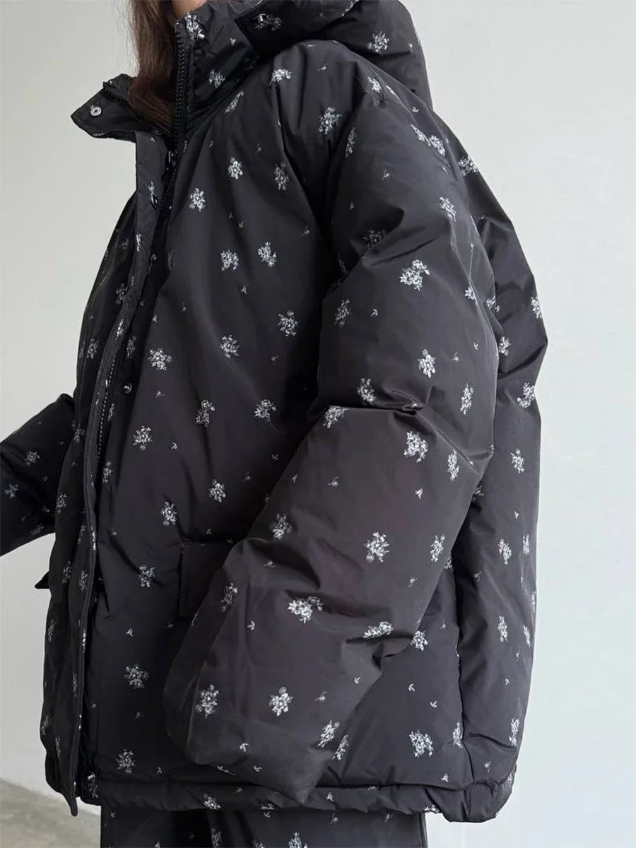 Wolfeel 2026 Winter New Flower Bread Cotton Jacket Warm and Fashionable Drawstring Design Loose Medium Length Fashion Jacket