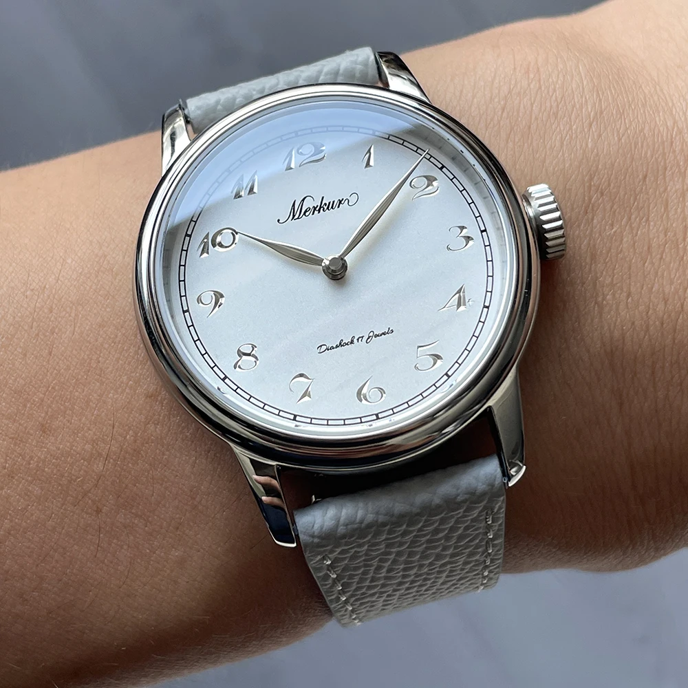 جديد Merkur Intaglio ساعة 50 متر الجلد غواص ساعة خمر الأبيض الميكانيكية ساعة اليد 38 مللي متر الياقوت Relogio Masculino #1