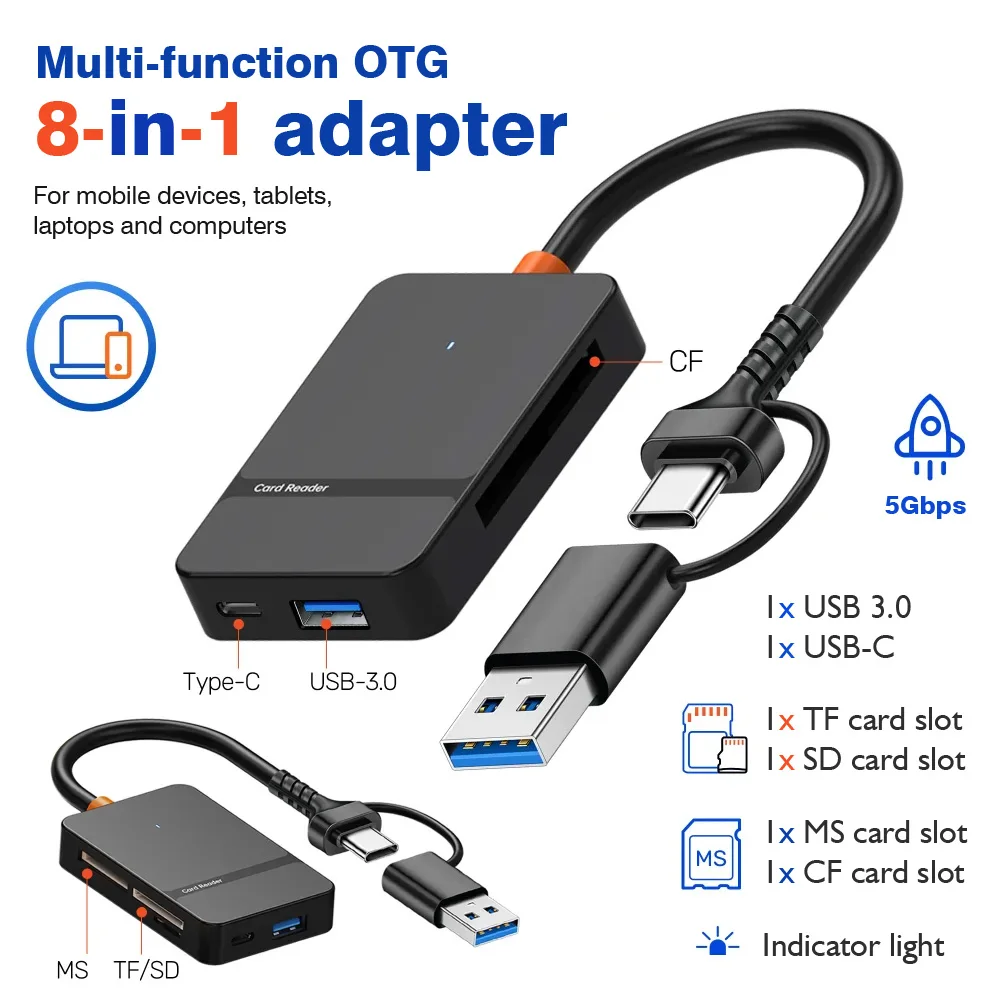 USB3.0/USB-C 8 in 1 Card Reader Supports U Disk/SD/Micro SD/TF/CF/MS/CF Card For Phone Laptop PC Multi-function Card Reader