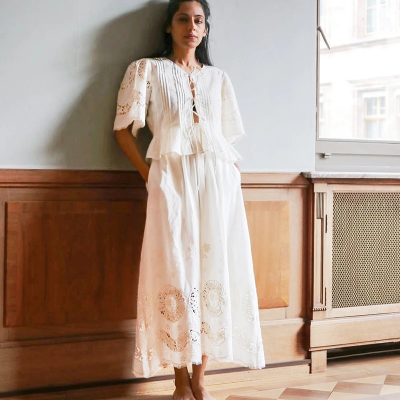 

Summer New Style Embroidered Hollow out Rope Tie Loose Short Shirt Top Half Skirt Long Dress Set Elegant Cotton Blend