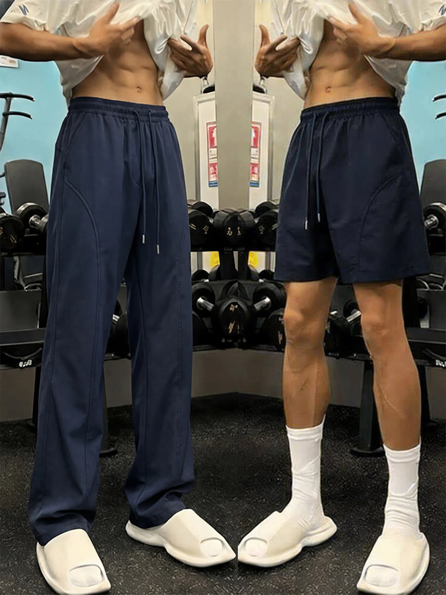 Quick Dry Ice Silk Men's Sportswear Training Fitness Straight Leg Pants Set Casual Summer Outdoor Wear Five-Quarter Pants