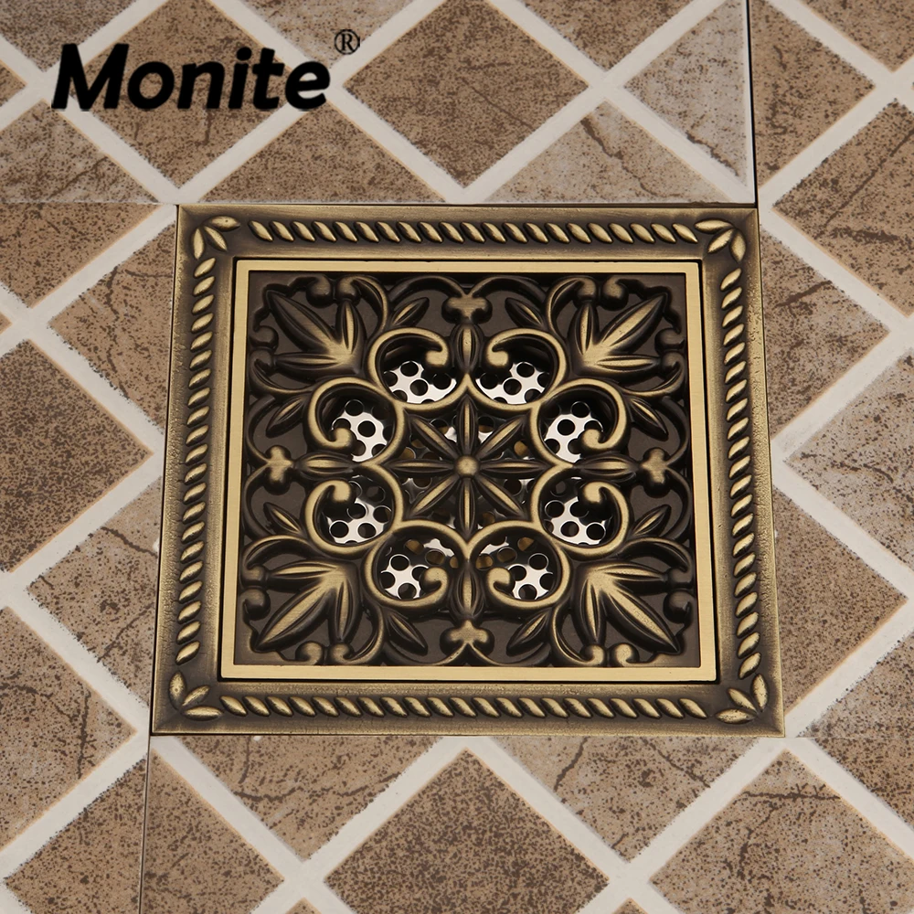 Monite Antique Brass 15x15cm Floor Drain Square Waste Grates Sanitary Drainer Art Carved Bathroom Shower Drains Hair Invisible