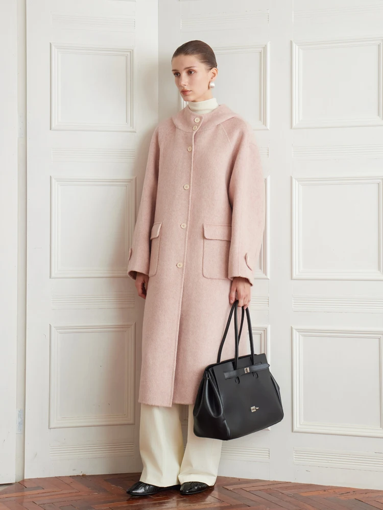 

NANCYLILI Double-Sided Wool Camel down Jaet Long Hooded Women's Faionable Winter Coat Straight Cut Regular Sve Length