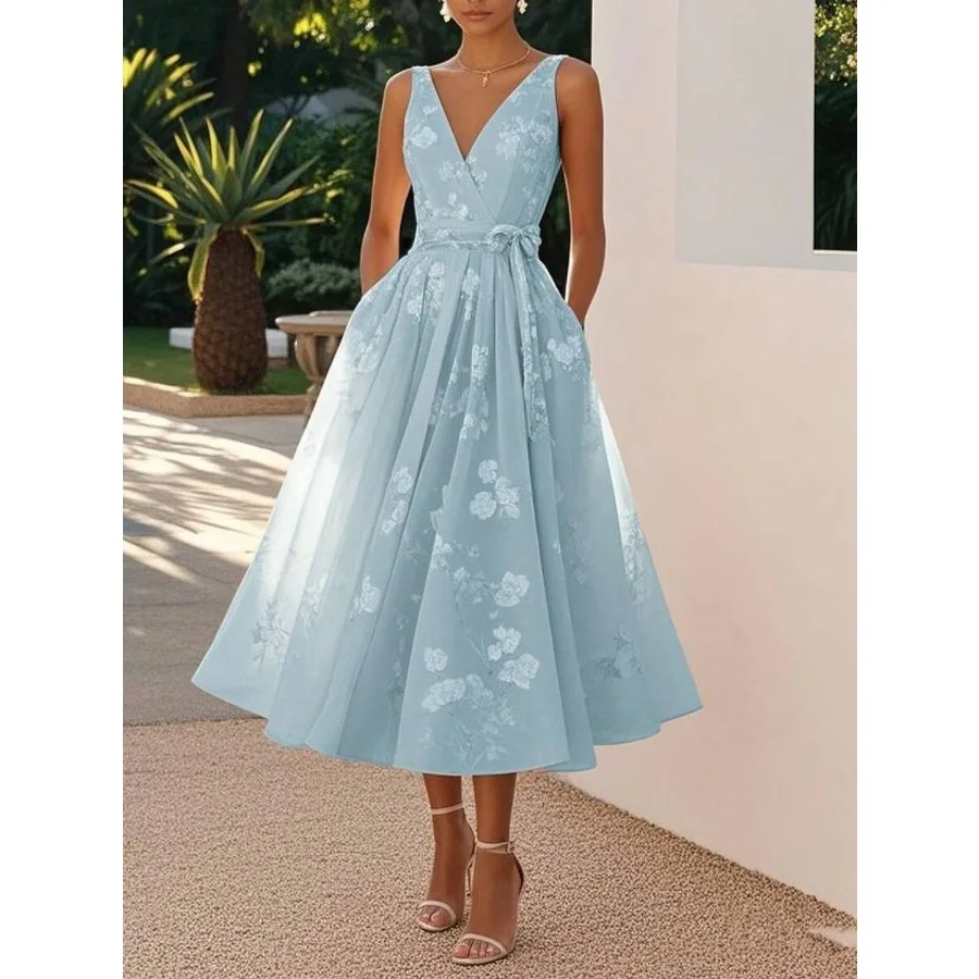 

【New Arrival】Light Blue Floral Chiffon Midi Dress, Sleeveless V-Neck Wrap Waist A-Line Formal Evening Gown for Women