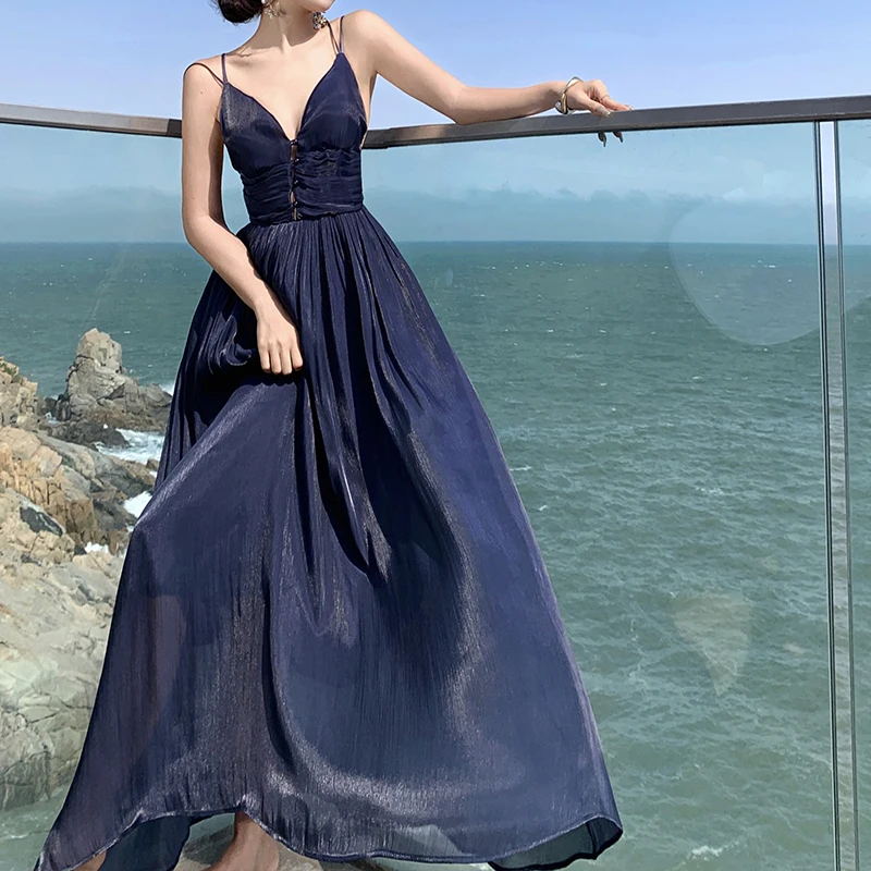 

Women's Dress Backless 2024 Summer Boho Spaghetti Strap Deep V Neck Buttons Solid Color Ruffle A Line Beach Long Maxi Dress Club