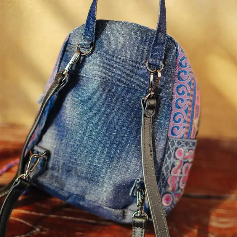 Johnature Vintage Denim Hemp Backpack National Heavy Industry Embroidery Women Bag 2024 New Original Design Luxury Travel Bags