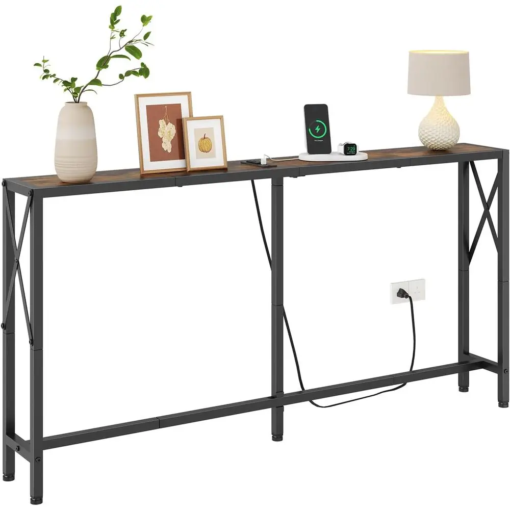 

ole Table with Oulets and USB Ports, 55.1" Soa Table Behind Couch, Industrial Long Skinny Stand or Hallway, Living Room, Bedroom