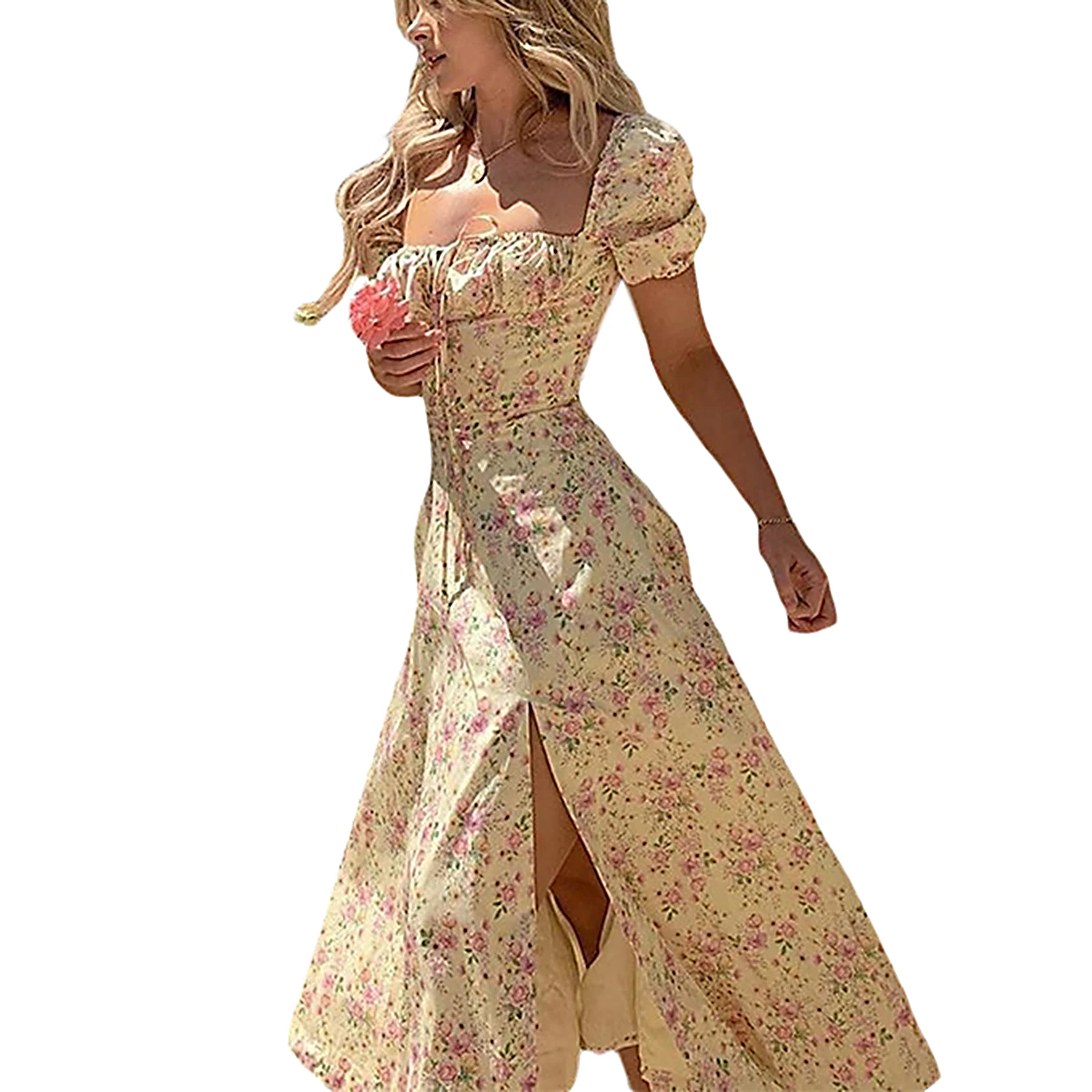 Vestido feminino estampado floral com renda no peito, roupa feminina, elegante vestido de festa manga curta, corda boho, moda verão, novo, 2024